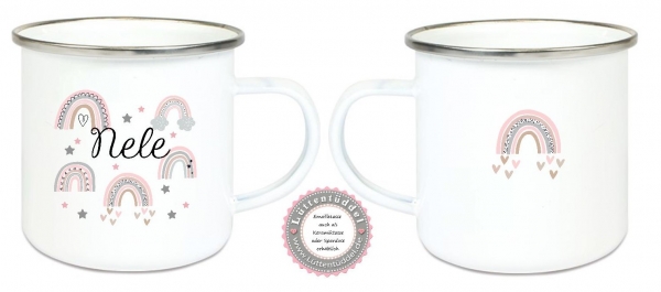 ♥ Becher Tasse Emaillebecher ganz viele Regenbogen, Mädchen, Einschulung KITA Wunschname, Dankeschön, Geburtstag, Abschied, Jubiläum, Geschenk, Kommunion, Firmung Konfirmation, Becher von Lüttentüddel